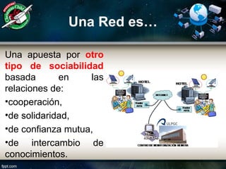 Una Red es…
Una apuesta por otro
tipo de sociabilidad
basada en las
relaciones de:
•cooperación,
•de solidaridad,
•de confianza mutua,
•de intercambio de
conocimientos.
 