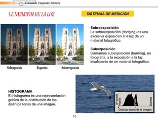 LA MEDICIÓN DE LA LUZ Subexposición Llamamos subexposición (burning), en fotografía, a la exposición a la luz insuficiente de un material fotográfico. SISTEMAS DE MEDICIÓN Sobreexposición La sobreexposición (dodging) es una excesiva exposición a la luz de un material fotográfico. HISTOGRAMA El histograma es una representación gráfica de la distribución de los distintos tonos de una imagen. 