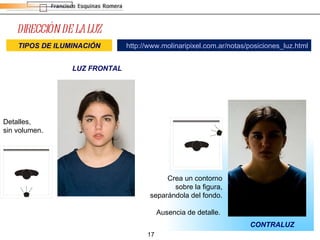 DIRECCIÓN DE LA LUZ CONTRALUZ LUZ FRONTAL http://www.molinaripixel.com.ar/notas/posiciones_luz.html Detalles,  sin volumen. Crea un contorno sobre la figura, separándola del fondo. Ausencia de detalle.  TIPOS DE ILUMINACIÓN 