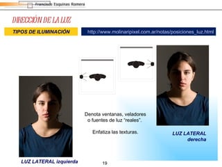 DIRECCIÓN DE LA LUZ LUZ LATERAL izquierda Denota ventanas, veladores o fuentes de luz “reales”.  Enfatiza las texturas. TIPOS DE ILUMINACIÓN http://www.molinaripixel.com.ar/notas/posiciones_luz.html LUZ LATERAL derecha 