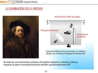 LA ILUMINACIÓN EN LA PINTURA Esquema básico de luz para lograr un retrato y dibujar con sombra el triángulo de Rembrandt. Paraguas translúcido Panel blanco  de relleno  HoneyComb o Nido de abejas Se trata de una iluminación situada a 45 grados respecto a cámara y oblicua respecto al plano horizontal formando también aproximadamente 45º.  