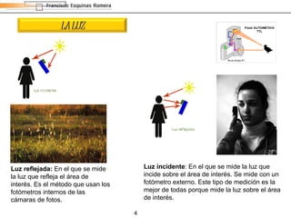 Luz reflejada:  En el que se mide la luz que refleja el área de interés. Es el método que usan los fotómetros internos de las cámaras de fotos.  Luz incidente : En el que se mide la luz que incide sobre el área de interés. Se mide con un fotómetro externo. Este tipo de medición es la mejor de todas porque mide la luz sobre el área de interés. LA LUZ 
