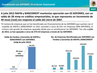 Coordinación con SOFOMES. En el Sector Empresarial


A julio 2012 NAFIN y BANCOMEXT mantenían operación con 43 SOFOMES, con un
saldo de 28 mmp en créditos empresariales, lo que representa un incremento de
49 veces (real) con respecto al saldo del cierre de 2007.
• El número de empresas que se han beneficiado con financiamiento de las SOFOMES que cuentan con el
  respaldo de NAFIN y BANCOMEXT en 2011 ascendió a cerca de 631 mil empresas (99% MIPYMES), el
  número más grande de empresas apoyadas desde que se constituyeron las SOFOMES. Tan sólo a julio
  de 2012, se han apoyado a cerca de 374 mil empresas a través de las SOFOMES.

   Saldo de Fondeo y Garantías de NAFIN y            No. de Empresas Beneficiadas por SOFOMES con
         BANCOMEXT con SOFOMES                        Fondeo y Garantías de NAFIN y BANCOMEXT
             (mdp de julio 2012)



                49 veces
                  más
               SOFOMES




                                                                                                      9
 