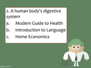 2. A human body’s digestive
system
a. Modern Guide to Health
b. Introduction to Language
c. Home Economics
 
