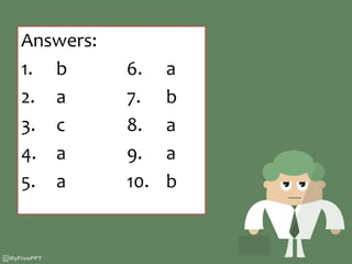 Answers:
1. b 6. a
2. a 7. b
3. c 8. a
4. a 9. a
5. a 10. b
 
