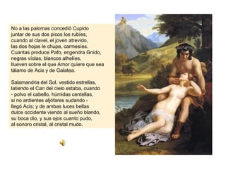 No a las palomas concedió Cupido
juntar de sus dos picos los rubíes,
cuando al clavel, el joven atrevido,
las dos hojas le chupa, carmesíes.
Cuantas produce Pafo, engendra Gnido,
negras víolas, blancos alhelíes,
llueven sobre el que Amor quiere que sea
tálamo de Acis y de Galatea.

Salamandria del Sol, vestido estrellas,
latiendo el Can del cielo estaba, cuando
- polvo el cabello, húmidas centellas,
si no ardientes aljófares sudando -
llegó Acis; y de ambas luces bellas
dulce occidente viendo al sueño blando,
su boca dio, y sus ojos cuanto pudo,
al sonoro cristal, al cristal mudo.
 