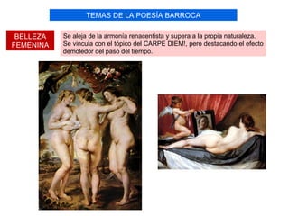 TEMAS DE LA POESÍA BARROCA

 BELLEZA   Se aleja de la armonía renacentista y supera a la propia naturaleza.
FEMENINA   Se vincula con el tópico del CARPE DIEM!, pero destacando el efecto
           demoledor del paso del tiempo.
 