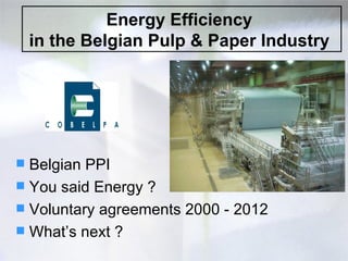 Energy Efficiency
    in the Belgian Pulp & Paper Industry




 Belgian PPI
 You said Energy ?
 Voluntary agreements 2000 - 2012
 What’s next ?
 