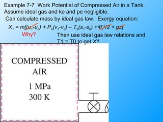 Example 7-7 Work Potential of Compressed Air in a Tank.
Assume ideal gas and ke and pe negligible.
Can calculate mass by ideal gas law. Exergy equation:
X1 = m[(u1-u0) + P0(v1-v0) – T0(s1-s0) +V1
2
/2 + gz]
Why? Then use ideal gas law relations and
T1 = T0 to get X1.
 