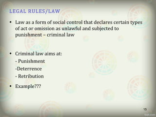 LEGAL RULES/LAW
• Law as a form of social control that declares certain types
of act or omission as unlawful and subjected to
punishment – criminal law
• Criminal law aims at:
- Punishment
-Deterrence
- Retribution
• Example???
15
 