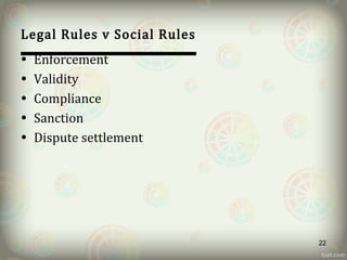 Legal Rules v Social Rules
• Enforcement
• Validity
• Compliance
• Sanction
• Dispute settlement
22
 