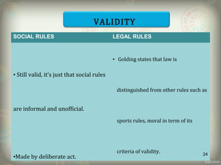 SOCIAL RULES LEGAL RULES
• Still valid, it’s just that social rules
are informal and unofficial.
•Made by deliberate act.
• Golding states that law is
distinguished from other rules such as
sports rules, moral in term of its
criteria of validity.
VALIDITY
24
 