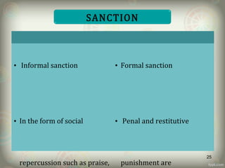 SOCIAL RULES LEGAL RULES
• Informal sanction
• In the form of social
repercussion such as praise,
• Formal sanction
• Penal and restitutive
punishment are
SANCTION
25
 