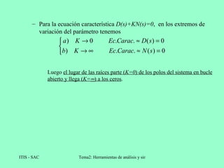 Para la ecuación característica  D(s)+KN(s)=0 ,  en los extremos de variación del parámetro tenemos Luego  el lugar de las raíces parte ( K=0 ) de los polos del sistema en bucle abierto y llega ( K=  ) a los ceros . 