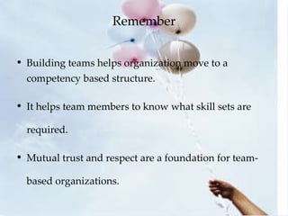 Remember <ul><li>Building teams helps organization move to a competency based structure. </li></ul><ul><li>It helps team m...