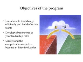 Objectives of the program
●
Learn how to lead change
efficiently and build effective
teams
●
Develop a better sense of
your leadership roles
●
Understand the
competencies needed to
become an Effective Leader
 