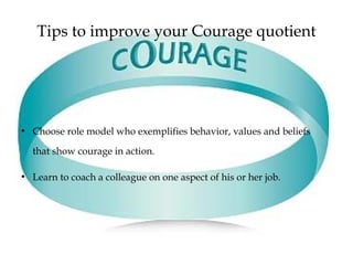 Tips to improve your Courage quotient
●
Choose role model who exemplifies behavior, values and beliefs
that show courage in action.
●
Learn to coach a colleague on one aspect of his or her job.
 