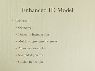 Enhanced ID Model
• Elements
  • Objective
  • Dramatic Introduction
  • Multiply represented context
  • Annotated examples
  • Scaﬀolded practice
  • Guided Reﬂection
 