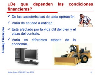 ¿De que dependen
financieras?

las

condiciones

 De las características de cada operación.
Leasing Financiero

 Varía de entidad a entidad.
 Está afectado por la vida útil del bien y el
plazo del contrato.
 Varía en
economía.

diferentes

Walter Apaza, DNEP-MEF, Nov. 2009

etapas

de

la

12

 