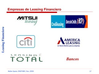 Leasing Financiero

Empresas de Leasing Financiero

Bancos
Walter Apaza, DNEP-MEF, Nov. 2009

17

 