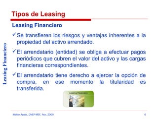 Tipos de Leasing

Leasing Financiero

Leasing Financiero
 Se transfieren los riesgos y ventajas inherentes a la
propiedad del activo arrendado.
 El arrendatario (entidad) se obliga a efectuar pagos
periódicos que cubren el valor del activo y las cargas
financieras correspondientes.
 El arrendatario tiene derecho a ejercer la opción de
compra, en ese momento la titularidad es
transferida.

Walter Apaza, DNEP-MEF, Nov. 2009

6

 