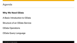 © 2012 SAP AG. All rights reserved. 2
Agenda
Why We Need OData
A Basic Introduction to OData
Structure of an OData Service
OData Operations
OData Query Language
 