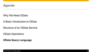 © 2012 SAP AG. All rights reserved. 24
Agenda
Why We Need OData
A Basic Introduction to OData
Structure of an OData Service
OData Operations
OData Query Language
 