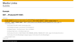 © 2012 SAP AG. All rights reserved. 42
Media Links
Subtitle
Example
GET …/Products('HT-1040')
<entry>
<link href="Products('HT-1040')" rel="edit" title="Product"/>
<link href="Products('HT-1040')/$value" rel="edit-media" type="image/jpeg"/>
<content type="image/jpeg" src="/SAP/PUBLIC/BC/NWDEMO_MODEL/IMAGES/HT-1040.jpg"/>
<m:properties>
<d:ProductID>HT-1040</d:ProductID>
<d:Category>Laser printers</d:Category>
<d:Name>Laser Professional Eco</d:Name>
<d:Description>…</d:Description>
<d:ProductPicUrl>/SAP/PUBLIC/BC/NWDEMO_MODEL/IMAGES/HT-1040.jpg</d:ProductPicUrl>
<d:ProductPicUrlMimeType>image/jpeg</d:ProductPicUrlMimeType>
</m:properties>
</entry>
 