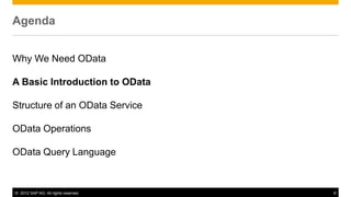© 2012 SAP AG. All rights reserved. 6
Agenda
Why We Need OData
A Basic Introduction to OData
Structure of an OData Service
OData Operations
OData Query Language
 