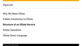 © 2012 SAP AG. All rights reserved. 8
Agenda
Why We Need OData
A Basic Introduction to OData
Structure of an OData Service
OData Operations
OData Query Language
 