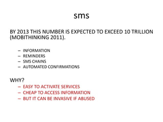 sms
BY 2013 THIS NUMBER IS EXPECTED TO EXCEED 10 TRILLION
(MOBITHINKING 2011).
–
–
–
–

INFORMATION
REMINDERS
SMS CHAINS
AUTOMATED CONFIRMATIONS

WHY?
– EASY TO ACTIVATE SERVICES
– CHEAP TO ACCESS INFORMATION
– BUT IT CAN BE INVASIVE IF ABUSED

 