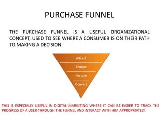 PURCHASE FUNNEL
THE PURCHASE FUNNEL IS A USEFUL ORGANIZATIONAL
CONCEPT, USED TO SEE WHERE A CONSUMER IS ON THEIR PATH
TO MAKING A DECISION.

THIS IS ESPECIALLY USEFUL IN DIGITAL MARKETING WHERE IT CAN BE EASIER TO TRACK THE
PROGRESS OF A USER THROUGH THE FUNNEL AND INTERACT WITH HIM APPROPRIATELY.

 