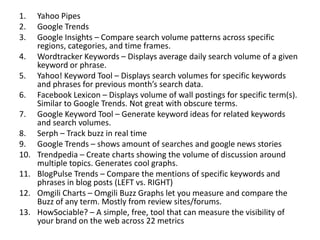 1.
2.
3.
4.
5.
6.
7.
8.
9.
10.
11.

12.
13.

Yahoo Pipes
Google Trends
Google Insights – Compare search volume patterns across specific
regions, categories, and time frames.
Wordtracker Keywords – Displays average daily search volume of a given
keyword or phrase.
Yahoo! Keyword Tool – Displays search volumes for specific keywords
and phrases for previous month’s search data.
Facebook Lexicon – Displays volume of wall postings for specific term(s).
Similar to Google Trends. Not great with obscure terms.
Google Keyword Tool – Generate keyword ideas for related keywords
and search volumes.
Serph – Track buzz in real time
Google Trends – shows amount of searches and google news stories
Trendpedia – Create charts showing the volume of discussion around
multiple topics. Generates cool graphs.
BlogPulse Trends – Compare the mentions of specific keywords and
phrases in blog posts (LEFT vs. RIGHT)
Omgili Charts – Omgili Buzz Graphs let you measure and compare the
Buzz of any term. Mostly from review sites/forums.
HowSociable? – A simple, free, tool that can measure the visibility of
your brand on the web across 22 metrics

 