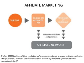 AFFILIATE MARKETING

Chaffey (2009) defines affiliate marketing as “a commission based arrangement where referring
sites (publishers) receive a commission on sales or leads by merchants (retailers or other
transactional sites)”.

 