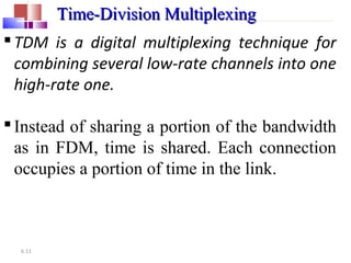 6.11
Time-Division MultiplexingTime-Division Multiplexing
TDM is a digital multiplexing technique for
combining several low-rate channels into one
high-rate one.
Instead of sharing a portion of the bandwidth
as in FDM, time is shared. Each connection
occupies a portion of time in the link.
 