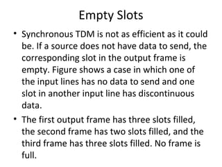 Empty Slots
• Synchronous TDM is not as efficient as it could
be. If a source does not have data to send, the
corresponding slot in the output frame is
empty. Figure shows a case in which one of
the input lines has no data to send and one
slot in another input line has discontinuous
data.
• The first output frame has three slots filled,
the second frame has two slots filled, and the
third frame has three slots filled. No frame is
full.
 