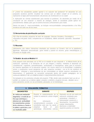 4. ¿Cómo los estudiantes pueden aportar a la solución del problema? El desarrollo de una 
propuesta escénica permite visualizar las normas que se deben cumplir en el sistema, se 
representa la lógica del funcionamiento del proceso de movilización en la c iudad 
5. Aplicación de normas establecidas para resolver el problema. Se desarrolla por medio de la 
simulación de una situación a manera de analogía, donde el estudiante puede aplicar los 
procedimientos ideales para que el sistema funcione correctamente para todos 
Dentro de estas 5 macro-actividades, se incluyen micro-actividades correspondientes a los hilos 
temáticos de cada una de las áreas. 
7.2 Herramientas de planificación curricular 
PEI- Plan de estudios, proyectos de aula de Lenguaje, Ciencias Sociales y Tecnología e 
Informática del grado sexto, competencias en Ciudadanía, Medio ambiente, Laborales, Sexualidad 
y TIC. 
7.3 Recursos 
Utilizaremos dos videos interactivos diseñados por nosotros en Scratch, foro en la plataforma 
@prender, Webquest personalizada, guion teatral y puesta en escena, guías metodológicas y 
encuesta en Google drive. 
7.4 Gestión de aula en Modelo 1:1 
Este proyecto está articulado con el PEI en la medida en que responde a la Misión-Visión de la 
institución, aportando a la formación de un ser integral y creativo, mediante el desarrollo de 
competencias, cognitivas, procedimentales, actitudinales e investigativas, aptas para la inclusión 
de nuestros egresados en la educación superior. Así mismo educa en la sensibilidad, ciudadanía 
activa y compromiso social (proyectos de vida, proyectos sociales) con el fin de contribuir al 
bienestar individual y socio-ambiental de las comunidades en donde nuestros estudiantes se 
desenvuelven. E igualmente se encuentra enmarcado dentro del modelo pedagógico de la 
institución MODELO DE LA COMPLEJIDAD E INVESIGACIÓN ESCOLAR. 
Se trabajará en los ambientes virtuales del proyecto TIT@, donde cada estudiante hará uso de un 
portátil, se contará con un tablero digital, conexión a internet y el gestor de aula., dándole uso a 
estos elementos acorde con las actividades planeadas en la metodología. 
8. EVALUACIÓN FORMATIVA 
DIAGNOSTICO DURANTE DESPUES 
Se realiza una evaluación 
diagnóstica a través de un 
foro que contribuya a 
detectar con profundidad 
los conocimientos previos 
de los alumno-a-s, frente a 
lo público y particular y con 
sus resultados poder 
Durante la implementación de la 
unidad la evaluación estará dirigida 
a: 
Dar información y 
retroalimentación constante a los 
estudiantes para que les ayude a 
progresar hacia el auto 
aprendizaje, ofreciéndole noticias 
Haciendo uso de una matriz de 
valoración empleada para 
autoevaluar, coevaluar y 
heteroevaluar productos y 
desempeños, nos permitirá 
evaluar desempeños, 
destrezas y creatividad 
aspectos puestos en marcha 
 