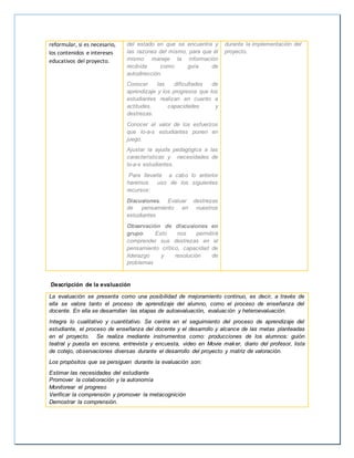 reformular, si es necesario, 
los contenidos e intereses 
educativos del proyecto. 
del estado en que se encuentra y 
las razones del mismo, para que él 
mismo maneje la información 
recibida como guía de 
autodirección. 
Conocer las dificultades de 
aprendizaje y los progresos que los 
estudiantes realizan en cuanto a 
actitudes, capacidades y 
destrezas. 
Conocer el valor de los esfuerzos 
que lo-a-s estudiantes ponen en 
juego. 
Ajustar la ayuda pedagógica a las 
características y necesidades de 
lo-a-s estudiantes. 
Para llevarla a cabo lo anterior 
haremos uso de los siguientes 
recursos: 
Discusiones. Evaluar destrezas 
de pensamiento en nuestros 
estudiantes 
Observación de discusiones en 
grupo. Esto nos permitirá 
comprender sus destrezas en el 
pensamiento crítico, capacidad de 
liderazgo y resolución de 
problemas 
durante la implementación del 
proyecto. 
Descripción de la evaluación 
La evaluación se presenta como una posibilidad de mejoramiento continuo, es decir, a través de 
ella se valora tanto el proceso de aprendizaje del alumno, como el proceso de enseñanza del 
docente. En ella se desarrollan las etapas de autoevaluación, evaluación y heteroevaluación. 
Integra lo cualitativo y cuantitativo. Se centra en el seguimiento del proceso de aprendizaje del 
estudiante, el proceso de enseñanza del docente y el desarrollo y alcance de las metas planteadas 
en el proyecto. Se realiza mediante instrumentos como: producciones de los alumnos: guión 
teatral y puesta en escena, entrevista y encuesta, video en Movie maker, diario del profesor, lista 
de cotejo, observaciones diversas durante el desarrollo del proyecto y matriz de valoración. 
Los propósitos que se persiguen durante la evaluación son: 
Estimar las necesidades del estudiante 
Promover la colaboración y la autonomía 
Monitorear el progreso 
Verificar la comprensión y promover la metacognición 
Demostrar la comprensión. 
 