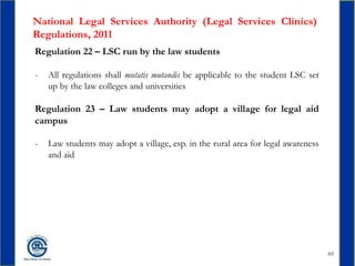 49
National Legal Services Authority (Legal Services Clinics)
Regulations, 2011
Regulation 22 – LSC run by the law student...