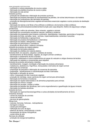 www.guiarapido.com/concursos
Você Consegue ! 196
- curtimento e outras preparações de couros e peles
- fabricação de artefatos diversos de couros e peles
- fabricação de cola animal
Indústria química
- produção de substâncias e fabricação de produtos químicos
- fabricação de produtos derivados do processamento de petróleo, de rochas betuminosas e da madeira
- fabricação de combustíveis não derivados de petróleo
- produção de óleos/gorduras/ceras vegetais-animais/óleos essenciais vegetais e outros produtos da destilação
da madeira
- fabricação de resinas e de fibras e fios artificiais e sintéticos e de borracha e látex sintéticos
- fabricação de pólvora/explosivos/detonantes/munição para caça-desporto, fósforo de segurança e artigos
pirotécnicos
- recuperação e refino de solventes, óleos minerais, vegetais e animais
- fabricação de concentrados aromáticos naturais, artificiais e sintéticos
- fabricação de preparados para limpeza e polimento, desinfetantes, inseticidas, germicidas e fungicidas
- fabricação de tintas, esmaltes, lacas , vernizes, impermeabilizantes, solventes e secantes
- fabricação de fertilizantes e agroquímicos
- fabricação de produtos farmacêuticos e veterinários
- fabricação de sabões, detergentes e velas
- fabricação de perfumarias e cosméticos
- produção de álcool etílico, metanol e similares
Indústria de produtos de matéria plástica
- fabricação de laminados plásticos
- fabricação de artefatos de material plástico
Indústria têxtil, de vestuário, calçados e artefatos de tecidos
- beneficiamento de fibras têxteis, vegetais, de origem animal e sintéticos
- fabricação e acabamento de fios e tecidos
- tingimento, estamparia e outros acabamentos em peças do vestuário e artigos diversos de tecidos
- fabricação de calçados e componentes para calçados
Indústria de produtos alimentares e bebidas
- beneficiamento, moagem, torrefação e fabricação de produtos alimentares
- matadouros, abatedouros, frigoríficos, charqueadas e derivados de origem animal
- fabricação de conservas
- preparação de pescados e fabricação de conservas de pescados
- preparação , beneficiamento e industrialização de leite e derivados
- fabricação e refinação de açúcar
- refino / preparação de óleo e gorduras vegetais
- produção de manteiga, cacau, gorduras de origem animal para alimentação
- fabricação de fermentos e leveduras
- fabricação de rações balanceadas e de alimentos preparados para animais
- fabricação de vinhos e vinagre
- fabricação de cervejas, chopes e maltes
- fabricação de bebidas não alcoólicas, bem como engarrafamento e gaseificação de águas minerais
- fabricação de bebidas alcoólicas
Indústria de fumo
- fabricação de cigarros/charutos/cigarrilhas e outras atividades de beneficiamento do fumo
Indústrias diversas
- usinas de produção de concreto
- usinas de asfalto
- serviços de galvanoplastia
Obras civis
- rodovias, ferrovias, hidrovias , metropolitanos
- barragens e diques
- canais para drenagem
- retificação de curso de água
- abertura de barras, embocaduras e canais
- transposição de bacias hidrográficas
- outras obras de arte
Serviços de utilidade
- produção de energia termoelétrica
 