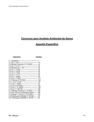 www.guiarapido.com/concursos
Você Consegue ! 198
Concurso para Analista Ambiental do Ibama
Apostila Específica
ASSUNTO PÁGINA
2. Legislação ------------------------------------ 1
2.1 Lei n.º 4.771 ---------------------------------- 13
2.2 Medida Provisória nº 2.166/001 --------- 14
2.3 Lei n.º 5.197 ---------------------------------- 20
2.4 Decreto-Lei n.º 221 ------------------------- 24
2.5 Lei n.º 7.653 ---------------------------------- 35
2.6 Lei n.º 6.938 ---------------------------------- 36
2.7 Lei n.º 7.802 ---------------------------------- 42
2.8 Lei n.º 8.112 ---------------------------------- 46
2.9 Lei n.º 8.666 ---------------------------------- 84
2.10 Lei n.º 9.605 -------------------------------- 117
2.11 Decreto nº 3179/99 ----------------------- 129
2.12 Lei n.º 9.795 ------------------------------ 137
2.13 Lei n.º 9.985 ----------------------------------- 140
2.14 Lei nº 8.974/95 ---------------------------- 154
2.15 Lei nº 10.165/00 --------------------------- 160
2.16 Lei nº 7.661/88 ---------------------------- 166
2.17 Medida Provisória nº 2.186/01 -------- 168
2.18 Art. 225 da Constituição Federal ----- 168
2.19 Artigo 4.º da Lei n.º 10.410/02 -------- 178
2.20 Resolução CONAMA nº 001/86 ------ 178
2.21 Resolução CONAMA nº 237/97 ------ 181
 