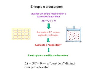 Quando um corpo recebe calor a
sua entropia aumenta.
∆S = QT  0
Aumenta a EC e/ou a
agitação molecular
Aumenta a “desordem”
A entropia é a medida da desordem
Entropia e a desordem
ΔS = Q/T < 0 → a “desordem” diminui
com perda de calor.
 
