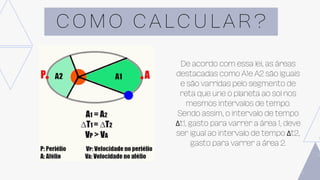 C O M O C A L C U L A R ?
De acordo com essa lei, as áreas
destacadas como A1e A2 são iguais
e são varridas pelo segmento de
reta que une o planeta ao sol nos
mesmos intervalos de tempo.
Sendo assim, o intervalo de tempo
Δt1, gasto para varrer a área 1, deve
ser igual ao intervalo de tempo Δt2,
gasto para varrer a área 2.
 