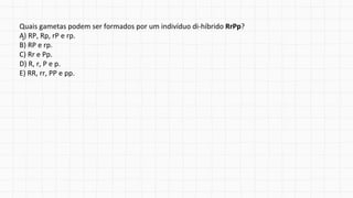 .
Quais gametas podem ser formados por um indivíduo di-híbrido RrPp?
A) RP, Rp, rP e rp.
B) RP e rp.
C) Rr e Pp.
D) R, r, P e p.
E) RR, rr, PP e pp.
 