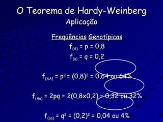 O Teorema de Hardy-Weinberg Aplicação Freqüências   Genotípicas f (A)  = p = 0,8 f (a)  = q = 0,2 f (AA)  = p 2  = (0,8) 2  = 0,64 ou 64% f (Aa)  = 2pq = 2(0,8x0,2) = 0,32 ou 32% f (aa)  = q 2  = (0,2) 2  = 0,04 ou 4% 
