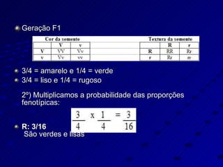 Geração F1   3/4 = amarelo e 1/4 = verde 3/4 = liso e 1/4 = rugoso 2º) Multiplicamos a probabilidade das proporções fenotípicas:   R: 3/16  São verdes e lisas 