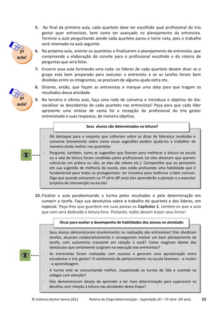 © Instituto Ayrton Senna 2012 Roteiro da Etapa Determinação – SuperAção Já! – 5ª série (6º ano) 13
5. Ao final da primeira aula, cada quarteto deve ter escolhido qual profissional do trio
gestor quer entrevistar, bem como ter avançado no planejamento da entrevista.
Termine a aula perguntando aonde cada quarteto parou e tome nota, pois o trabalho
será retomado na aula seguinte.
6. Na próxima aula, oriente os quartetos a finalizarem o planejamento da entrevista, que
compreende a elaboração do convite para o profissional escolhido e do roteiro de
perguntas que será feito.
7. Encerre essa aula formando uma roda: os líderes de cada quarteto devem dizer se o
grupo está bem preparado para executar a entrevista e se as tarefas foram bem
divididas entre os integrantes, se precisam de alguma ajuda extra etc.
8. Oriente, então, que façam as entrevistas e marque uma data para que tragam os
resultados dessa atividade.
9. Na terceira e última aula, faça uma roda de conversa e introduza o objetivo do dia:
socializar as descobertas de cada quarteto nas entrevistas! Peça para que cada líder
apresente uma síntese de como foi a recepção do profissional do trio gestor
entrevistado e suas respostas, de maneira objetiva.
10. Finalize a aula parabenizando a turma pelos resultados e pela determinação em
cumprir a tarefa. Faça sua devolutiva sobre o trabalho do quarteto e dos líderes, em
especial. Peça-lhes que guardem em suas pastas os Capítulos 1. Lembre-os que a aula
que vem será dedicada à leitura livre. Portanto, todos devem trazer seus livros!
2ª
aula!
3ª
aula!
 Dê destaque para a resposta que colheram sobre as dicas de liderança recebidas e
converse brevemente sobre como essas sugestões podem ajudá-los a trabalhar de
maneira ainda melhor nos quartetos
 Pergunte, também, como as sugestões que fizeram para melhorar a leitura na escola
ou a sala de leitura foram recebidas pelos profissionais (se eles disseram que querem
colocá-las em prática ou não, se elas são viáveis etc.). Compartilhe que ao pensarem
em sua sugestão de melhoria da escola, eles estão praticando uma habilidade que é
fundamental para todos os protagonistas: ter iniciativa para melhorar o bem comum.
Diga que quando estiverem na 7ª série (8º ano) eles aprenderão a planejar e a executar
projetos de intervenção na escola!
Seus alunos são determinados na leitura?
 Seus alunos demonstraram envolvimento na realização das entrevistas? Eles dividiram
tarefas, atuaram colaborativamente e conseguiram realizar um bom planejamento da
tarefa, com autonomia crescente em relação à você? Como reagiram diante dos
obstáculos que certamente surgiram na execução das entrevistas?
 As entrevistas foram realizadas com sucesso e geraram uma aproximação entre
estudantes e trio gestor? O sentimento de pertencimento na escola favorece - e muito!
- a aprendizagem.
 A turma está se comunicando melhor, respeitando os turnos de fala e ouvindo os
colegas com atenção?
 Eles demonstraram desejo de aprender a ter mais determinação para superarem os
desafios com relação à leitura nas atividades desta Etapa?
Dicas para avaliar o desempenho de habilidades dos alunos na atividade:
 