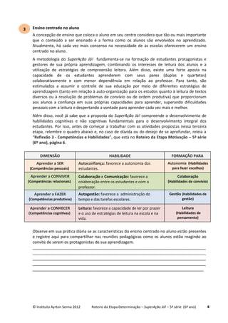 © Instituto Ayrton Senna 2012 Roteiro da Etapa Determinação – SuperAção Já! – 5ª série (6º ano) 4
Ensino centrado no aluno
A concepção de ensino que coloca o aluno em seu centro considera que tão ou mais importante
que o conteúdo a ser ensinado é a forma como os alunos são envolvidos no aprendizado.
Atualmente, há cada vez mais consenso na necessidade de as escolas oferecerem um ensino
centrado no aluno.
A metodologia do SuperAção Já! fundamenta-se na formação de estudantes protagonistas e
gestores de sua própria aprendizagem, combinando os interesses de leitura dos alunos e a
utilização de estratégias de compreensão leitora. Além disso, existe uma forte aposta na
capacidade de os estudantes aprenderem com seus pares (duplas e quartetos)
colaborativamente e com menor dependência em relação ao professor. Para tanto, são
estimulados a assumir o controle de sua educação por meio de diferentes estratégias de
aprendizagem (tanto em relação à auto-organização para os estudos quanto à leitura de textos
diversos ou à resolução de problemas de convívio ou de ordem produtiva) que proporcionam
aos alunos a confiança em suas próprias capacidades para aprender, superando dificuldades
pessoais com a leitura e despertando a vontade para aprender cada vez mais e melhor.
Além disso, você já sabe que a proposta do SuperAção Já! compreende o desenvolvimento de
habilidades cognitivas e não cognitivas fundamentais para o desenvolvimento integral dos
estudantes. Por isso, antes de começar a trabalhar com as atividades propostas nessa terceira
etapa, relembre o quadro abaixo e, no caso de dúvida ou do desejo de se aprofundar, releia a
“Reflexão 3 - Competências e Habilidades”, que está no Roteiro da Etapa Motivação – 5ª série
(6º ano), página 6.
Observe em sua prática diária se as características do ensino centrado no aluno estão presentes
e registre aqui para compartilhar nas reuniões pedagógicas como os alunos estão reagindo ao
convite de serem os protagonistas de sua aprendizagem.
_______________________________________________________________________________
_______________________________________________________________________________
_______________________________________________________________________________
_______________________________________________________________________________
______________________________________________________________________________
FORMAÇÃO PARA
Autonomia (Habilidades
para fazer escolhas)
Colaboração
(Habilidades de convívio)
Gestão (Habilidades de
gestão)
Leitura
(Habilidades de
pensamento)
HABILIDADE
Autoconfiança: favorece a autonomia dos
estudantes.
Colaboração e Comunicação: favorece a
colaboração entre os estudantes e com o
professor.
Autogestão: favorece a administração do
tempo e das tarefas escolares.
Leitura: favorece a capacidade de ler por prazer
e o uso de estratégias de leitura na escola e na
vida.
Aprender a SER
(Competências pessoais)
Aprender a CONVIVER
(Competências relacionais)
Aprender a FAZER
(Competências produtivas)
Aprender a CONHECER
(Competências cognitivas)
DIMENSÃO
3
 
