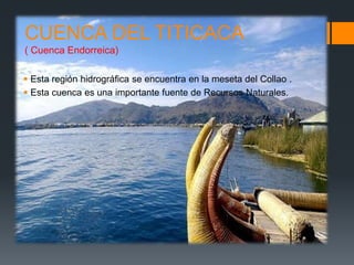 CUENCA DEL TITICACA
( Cuenca Endorreica)
 Esta región hidrográfica se encuentra en la meseta del Collao .
 Esta cuenca es una importante fuente de Recursos Naturales.
 