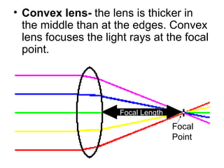 Convex lens- the lens is thicker in the middle than at the edges. Convex lens focuses the light rays at the focal point. Focal Point Focal Length